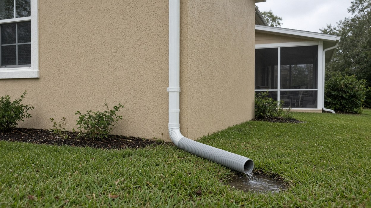 Flexible corrugated downspout extension lying on the lawn, carrying water away from a stucco house foundation.