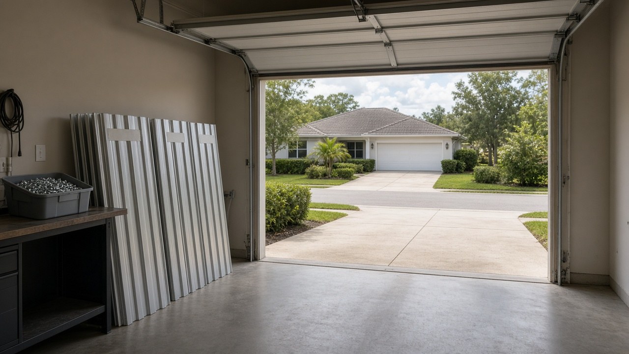 Labeled removable hurricane storm panels stacked against a garage wall.