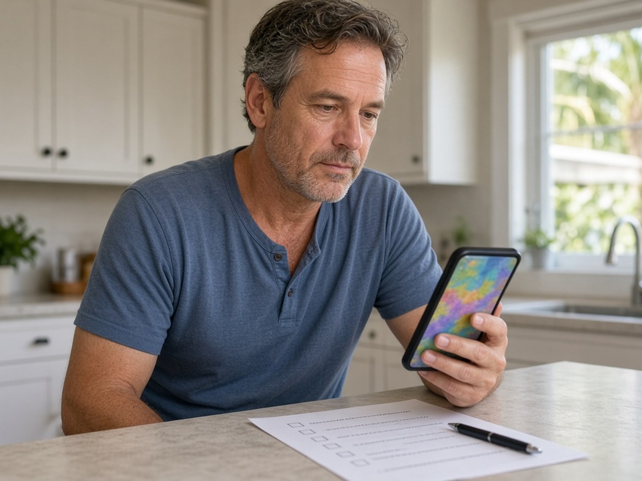 Man holding a phone at a kitchen counter, checking an evacuation zone map.