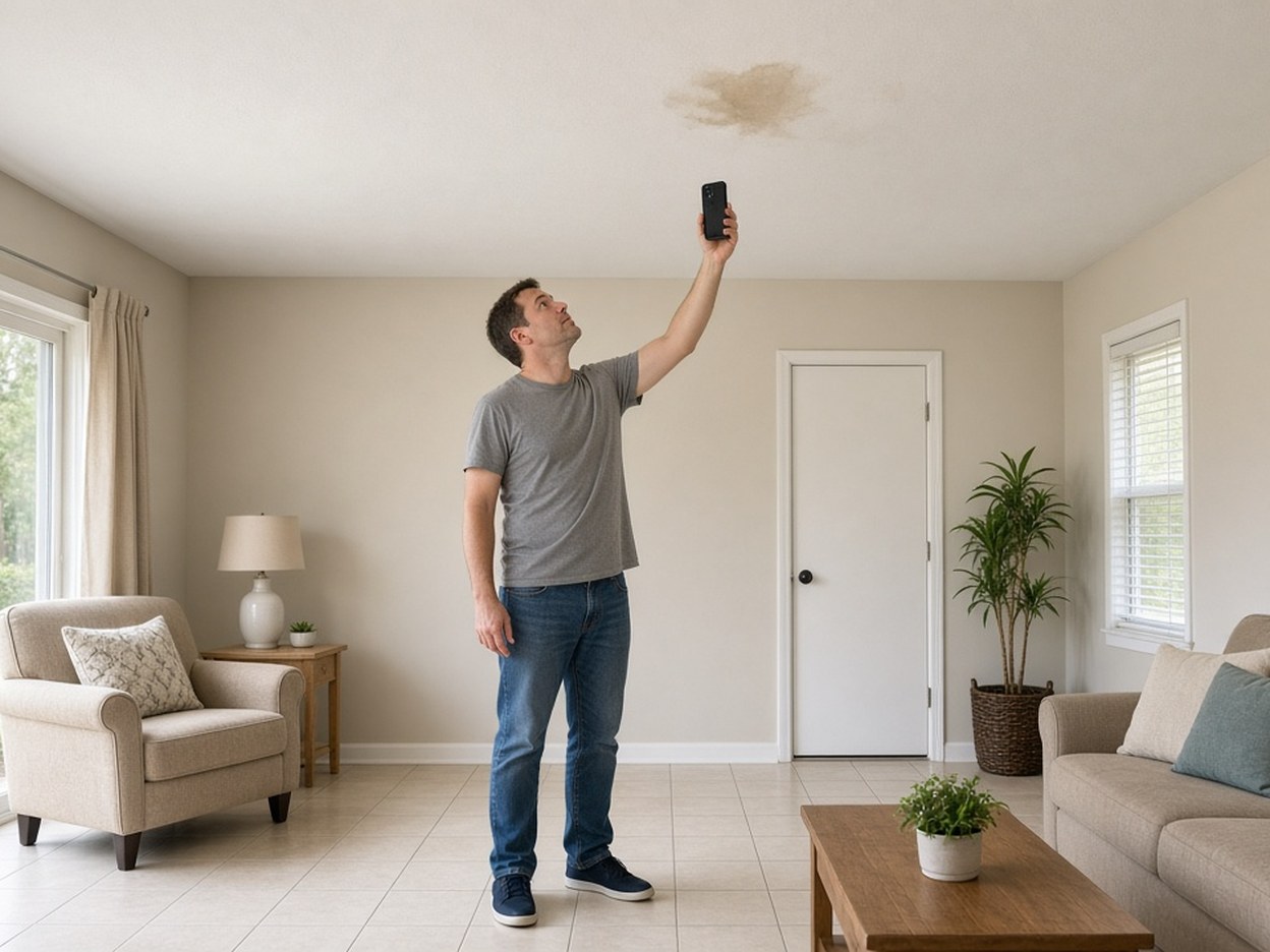 Homeowner photographing a water stain on a ceiling with a phone.
