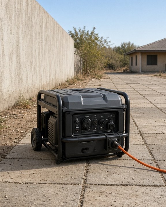 Portable generator set up outdoors, well away from the house, with a heavy-duty extension cord.