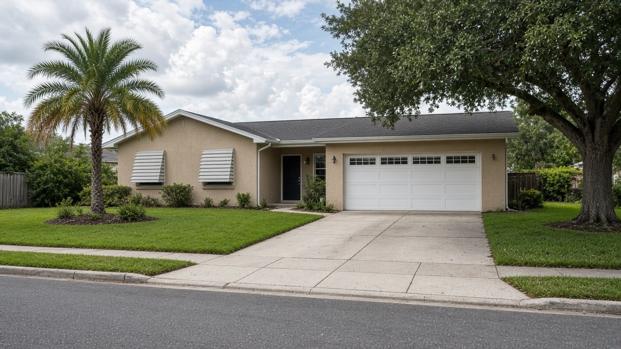 Front of a single-story Tampa Bay stucco home with Bahama-style awning shutters over the windows on a calm afternoon.